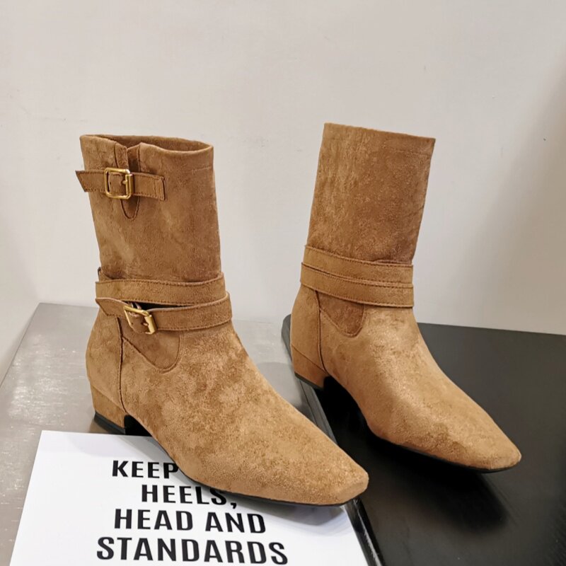 复古废土风西部靴女方头低跟短靴