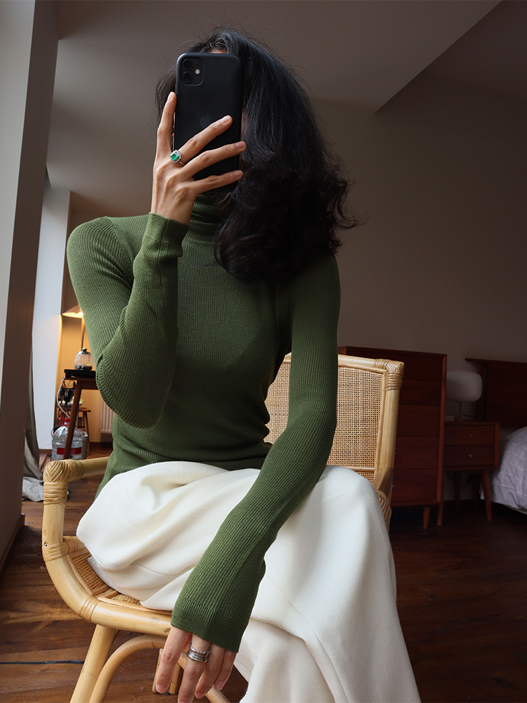 经典款羊毛高领紧身坑条纹打底衫长袖