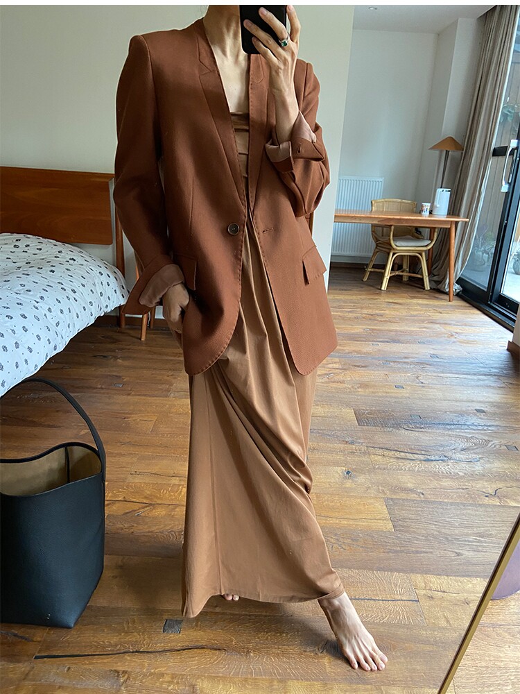 极简主义高级感红棕色澳洲羊毛天丝廓形西服西裤套装