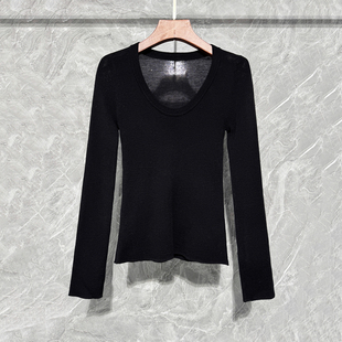 超细16针弹力加厚扬子纱U领长袖羊毛衫领针织衫保暖修身打底衫女