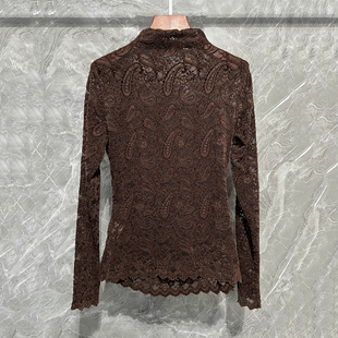 女2025秋冬时髦印花洋气半高领T恤 打底衫 轻奢时尚 复古腰果花长袖