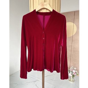 小众设计V领真丝丝绒衬衫女法式垂感柔软光泽衬衣高级感长袖上衣