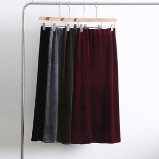 进口醋酸丝绒摩登复古优雅女人半身裙秋冬新款 高腰显瘦气质A字裙