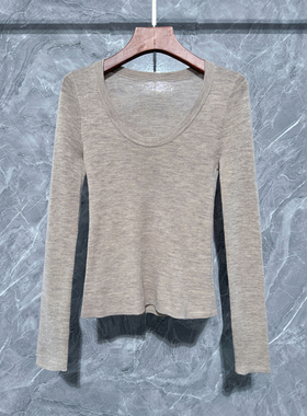 爆 德国扬子纱U领长袖弹力针织衫女100%美丽诺羊毛衫无缝一体18针