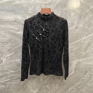 早春新款新中式轻国风盘扣植绒长袖衬衫女高级感提花立领内搭上衣