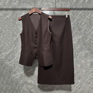 拉链开叉半裙套装 加厚款 中长款 V领背心单排扣收腰马甲修身 女 无袖