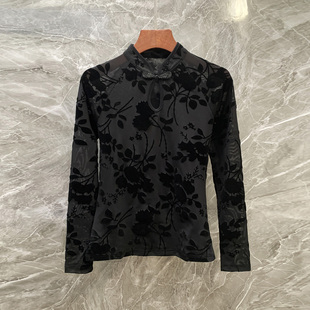 新中式国风立领一字盘扣植绒丝绒长袖内搭打底衫提花T恤上衣女春