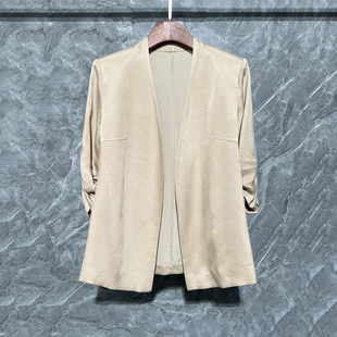 深圳南油铜氨丝褶皱袖外套服通勤七分袖无领西装设计感小众上衣女