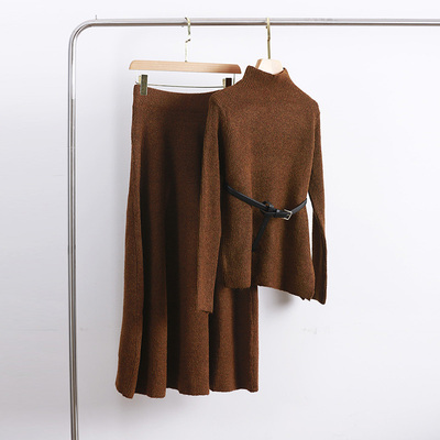 韩系秋冬高级感气质穿搭时尚立领长袖毛衣高腰半身裙针织两件套装