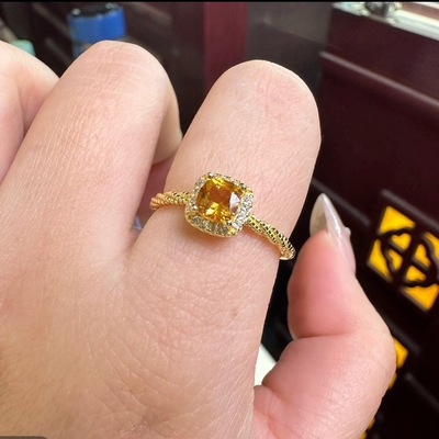 【中国地质大学】天然黄水晶戒指S925银招财晶小方糖戒指女5*5mm