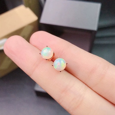 天然欧泊耳钉女925纯银镶欧泊 6*6mm 火彩超级好 简单大方百搭