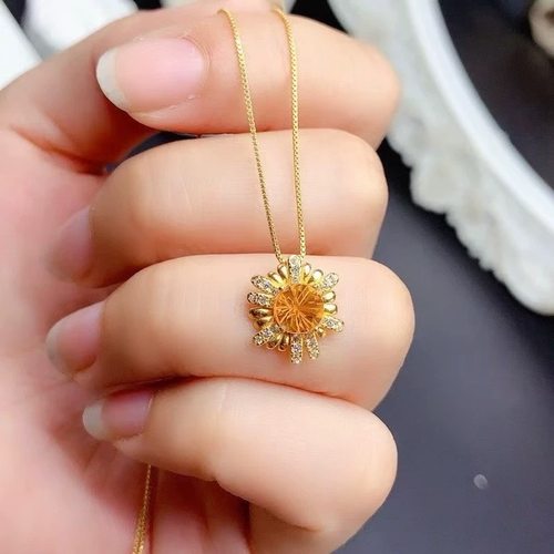天然黄水晶招财石片材水晶太阳花925纯银项链吊坠时尚礼物6mm