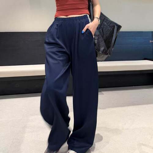 2026美式俩条杠阔腿裤裤子垂感藏蓝色显瘦校服风休闲裤B183