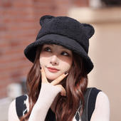 秋冬季 盆帽 韩版 百搭可爱熊猫耳朵渔夫帽子女款 显脸小羊羔毛绒时尚