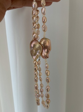 优雅精致款天然珍珠炫彩香槟金橘色金属光巴洛克大巴珍珠项链