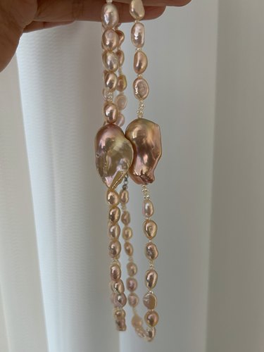 优雅精致款天然珍珠炫彩香槟金橘色金属光巴洛克大巴珍珠项链