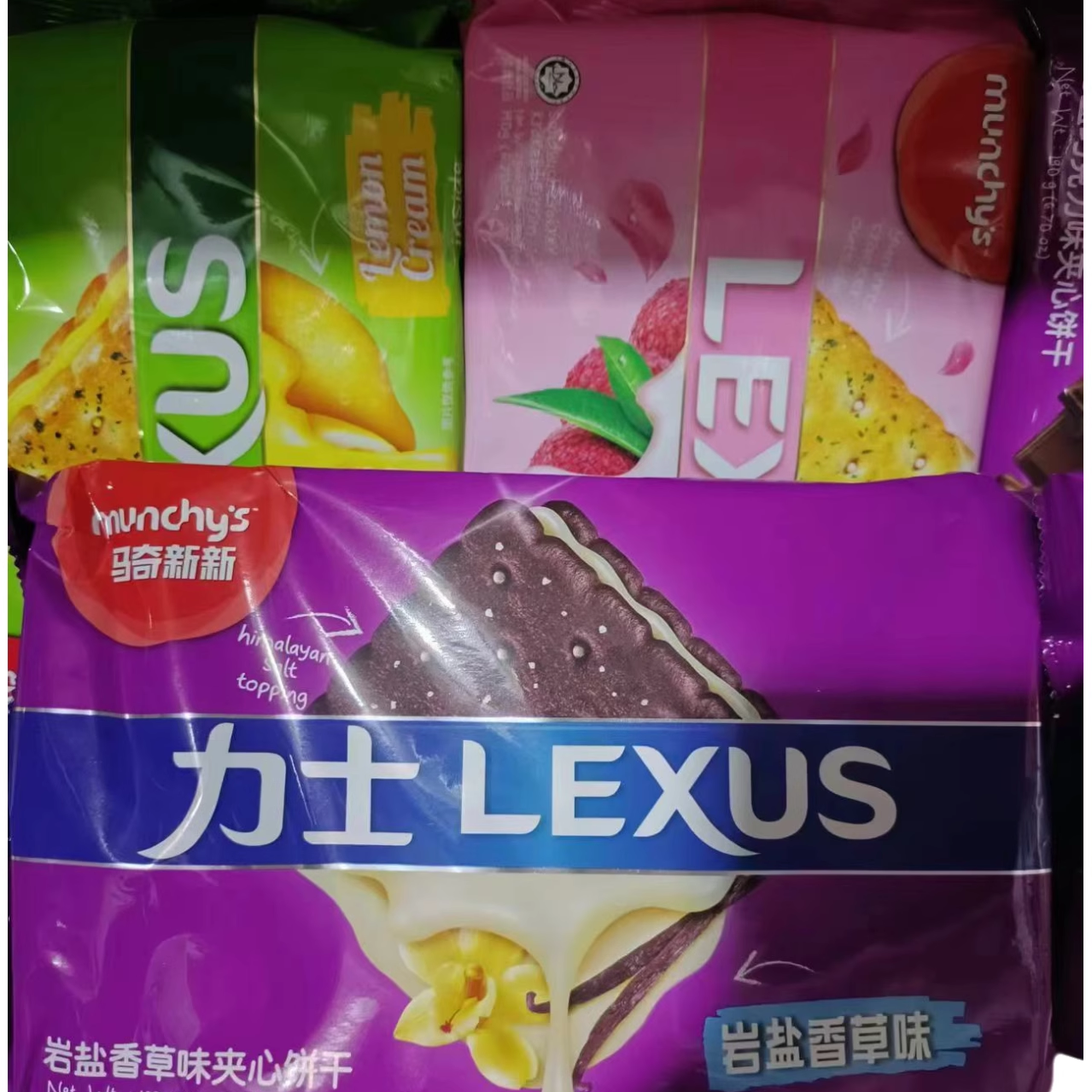 马奇新新岩盐香草味夹心饼干巧克力涂层饼干荔枝黄油味榛子燕麦饼