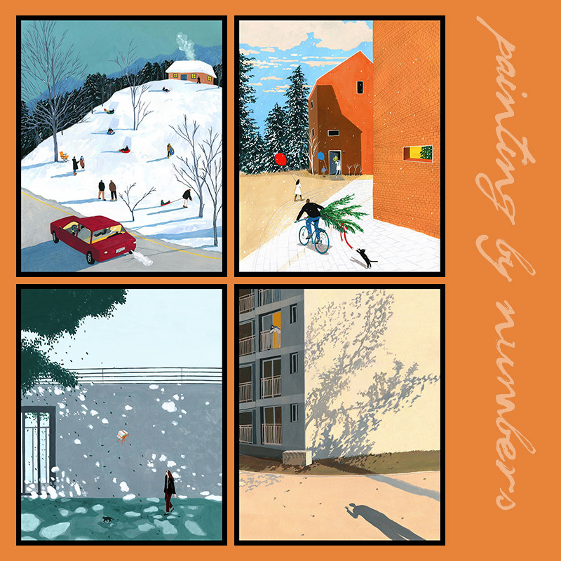 韩式街道风景简约填充ins插画手绘diy数字油画卧室客厅装饰画带框