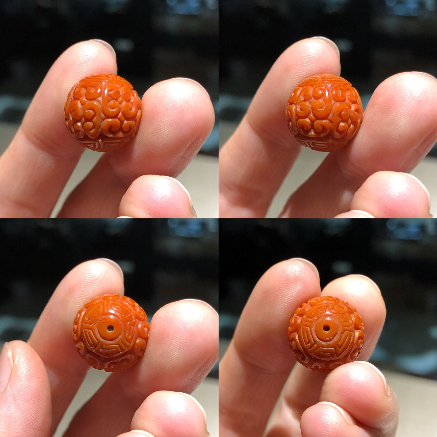 天然九口南红柿子红满肉满色精工回纹珠雕刻圆珠腰珠顶珠多宝串