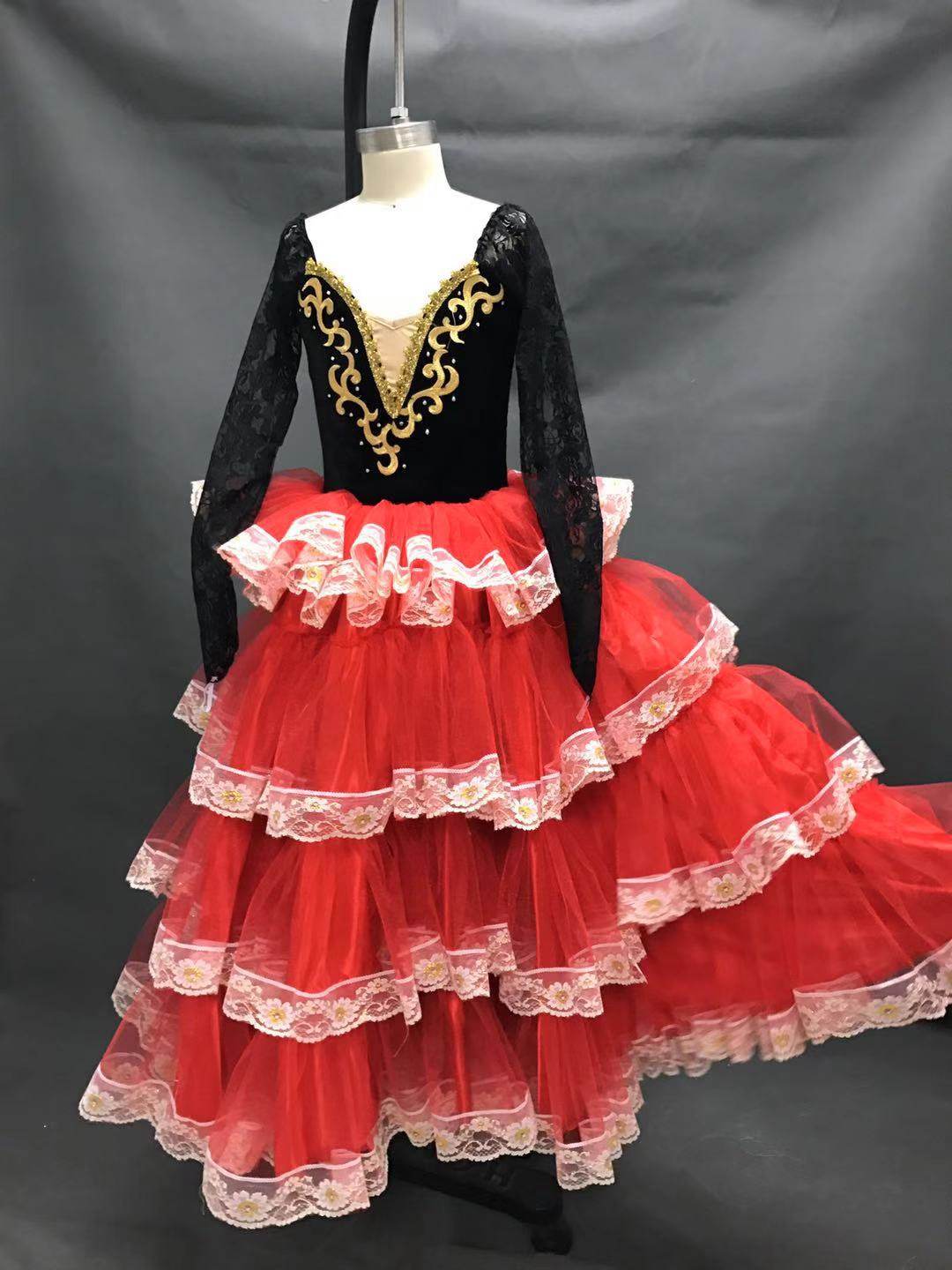 成人中老年人芭蕾舞蹈演出服装定制西班牙大摆裙多层蛋糕裙