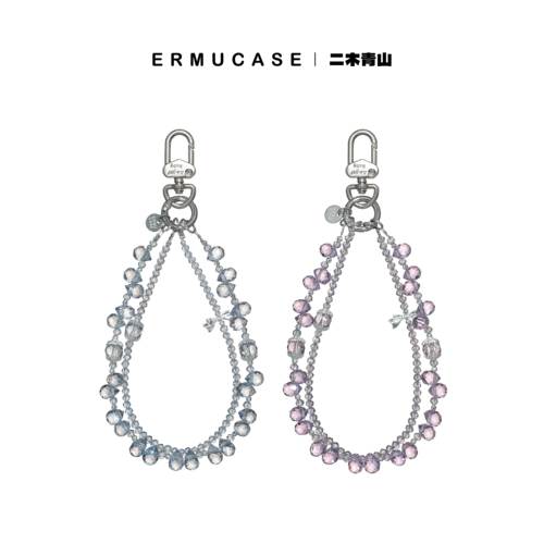 ERMUCASE轻奢感蓝水滴亮闪水晶串珠蝴蝶结双层手机链钥匙短款挂绳
