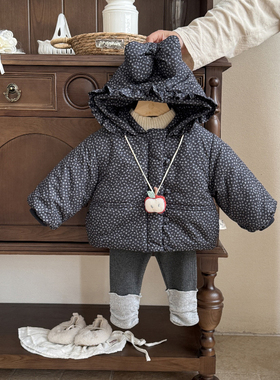 2025新款婴儿棉服冬季女宝宝连帽加厚黑色碎花棉衣婴幼儿外出服