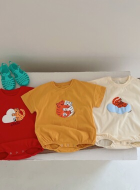 韩ins卡通老虎新生儿哈衣红色可爱包屁衣婴儿夏季短袖开档包屁衣