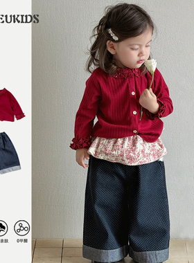 春季新款宝宝周岁服女孩复古风红色针织开衫儿童波点牛仔裤两件套