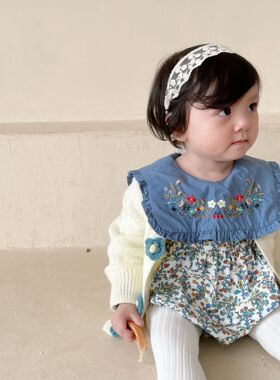 【清仓】春秋蓝色刺绣哈衣翻领公主包屁衣碎花复古洋气女百天