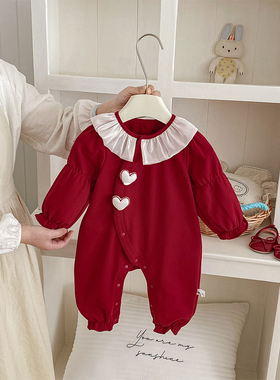 春季新款婴幼儿双爱心纱领红色长爬女宝宝斜襟单排扣连体衣爬服
