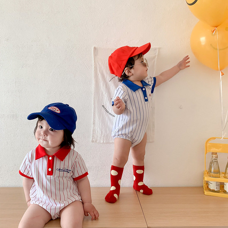 翻领撞色印花短袖连体衣男女宝夏季婴童韩版可爱棒球服三角哈衣