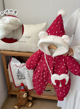 婴儿连体衣冬季喜庆红色棉服女宝宝百天加绒夹棉尖尖帽哈衣拜年服