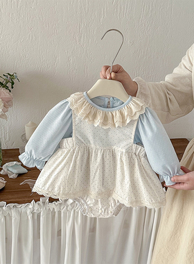 2026春季新款婴幼儿波点背心哈衣套装女宝宝花边领蓝色衬衫两件套