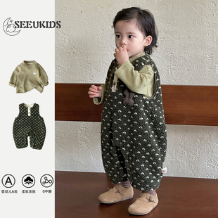 卡通长爬套装 婴幼儿纯色打底衫 男宝宝毛绒背带裤 清仓2025秋冬新品