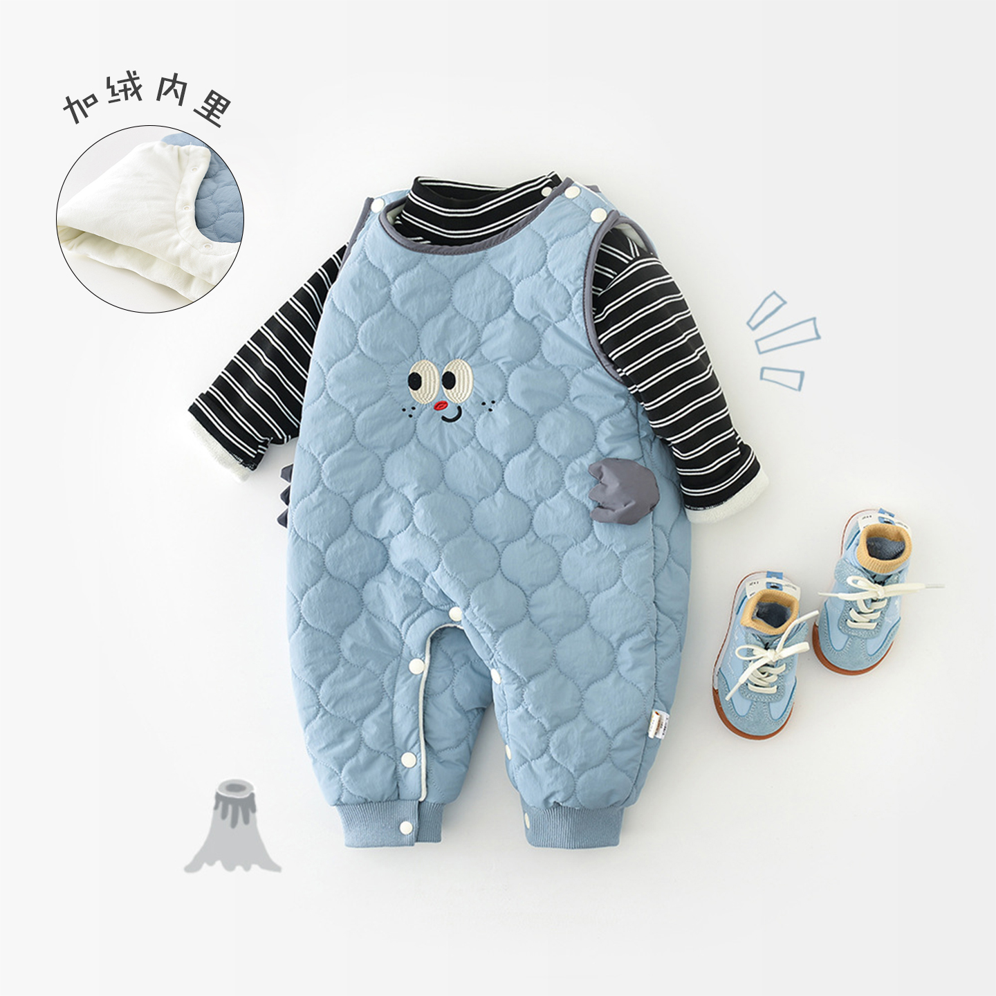 秋冬新款婴幼儿绗棉刺绣连体衣男女宝宝无袖加绒保暖背带裤可爱