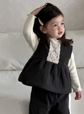 复古风女童黑色马甲套装蕾丝拼接高级感韩版两件套秋冬加厚打底衫