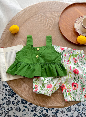 2023ins夏季爆款女宝宝绿色吊带碎花裤子套装婴幼童纯棉两件套