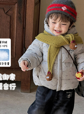 男童短款羽绒服冬季加厚连帽羽绒外套卡通连帽毛衣黑色加绒裤子