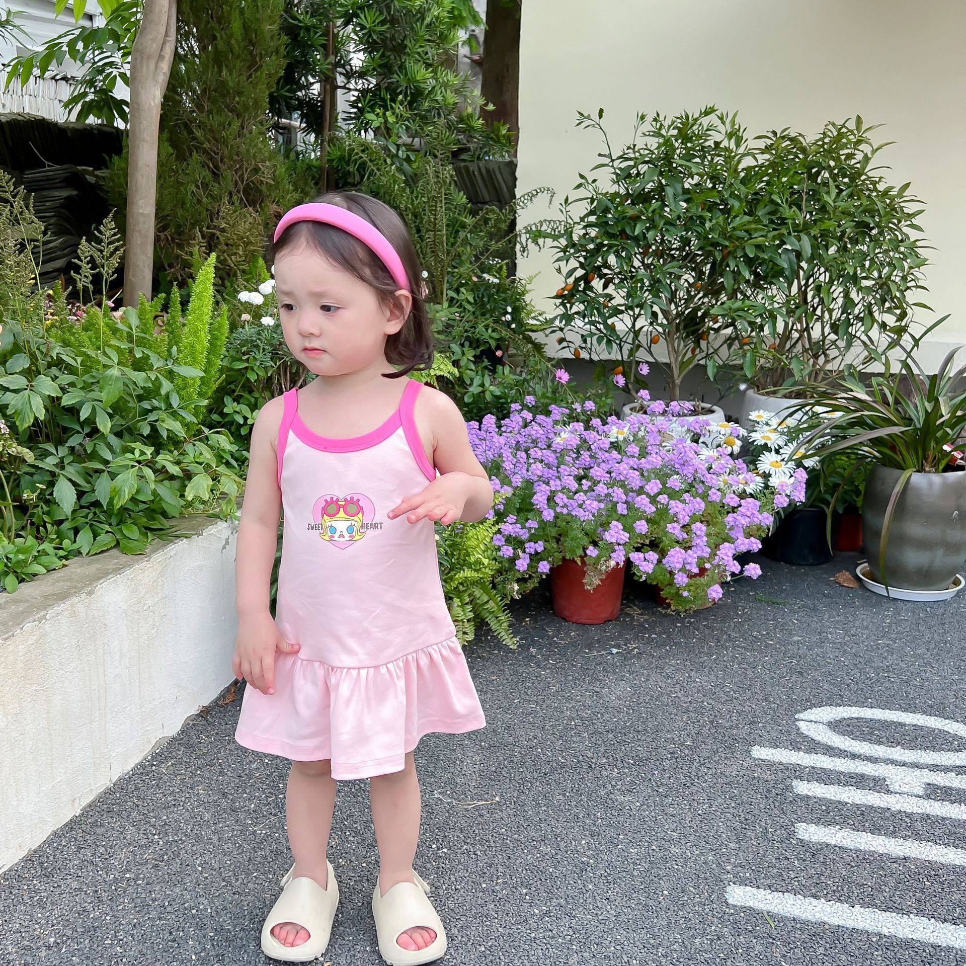 女童夏季儿童裙子宝宝连衣裙粉色黑色卡通婴幼儿背心裙ins童装