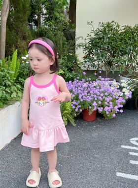 女童夏季儿童裙子宝宝连衣裙粉色黑色卡通婴幼儿背心裙ins童装