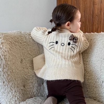 2025秋季新品女宝宝针织花边开衫打底裤套装婴幼儿可爱KT猫两件套