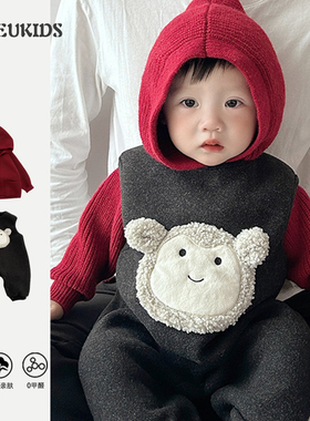 秋冬上新婴儿保暖舒适加绒连体衣爬服套装儿童红色连帽毛衣外出服