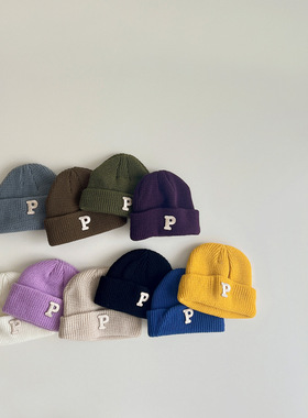 ins婴儿帽子春秋宝宝针织帽子保暖百搭冬季P字母纯色外出毛线帽子