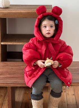 女童红色连帽棉服冬季保暖卡通耳朵中长款棉袄加绒打底衫洋气衣服