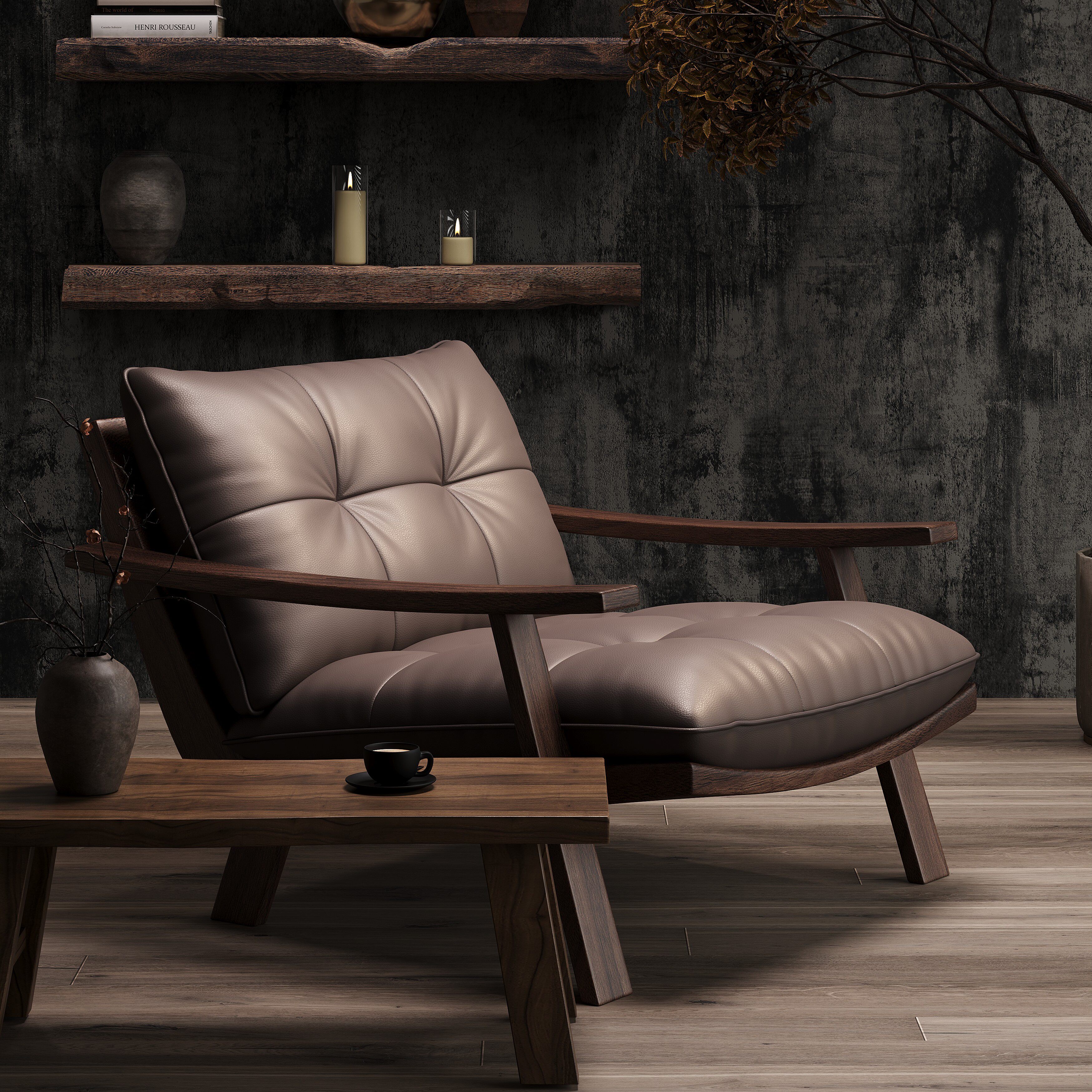 中古风实木休闲椅设计师款民宿客厅扶手真皮单人沙发椅懒人躺椅