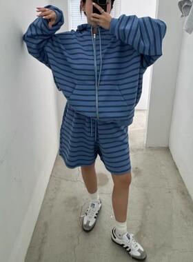 韩国东大门代购VOTUS春高档时尚潮流男女款条纹连帽拉链卫衣外套