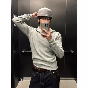 韩国东大门代购春季时尚绒感罗纹高领半拉链连帽衫男套头针织毛衣