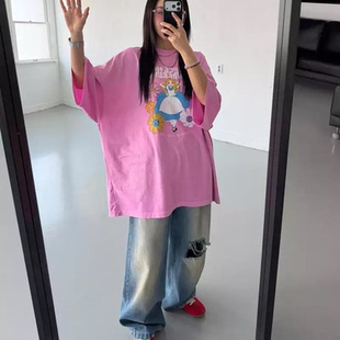 韩国东大门代购VOTUS夏季时尚阔版公主印花减龄短袖T恤衫男女款