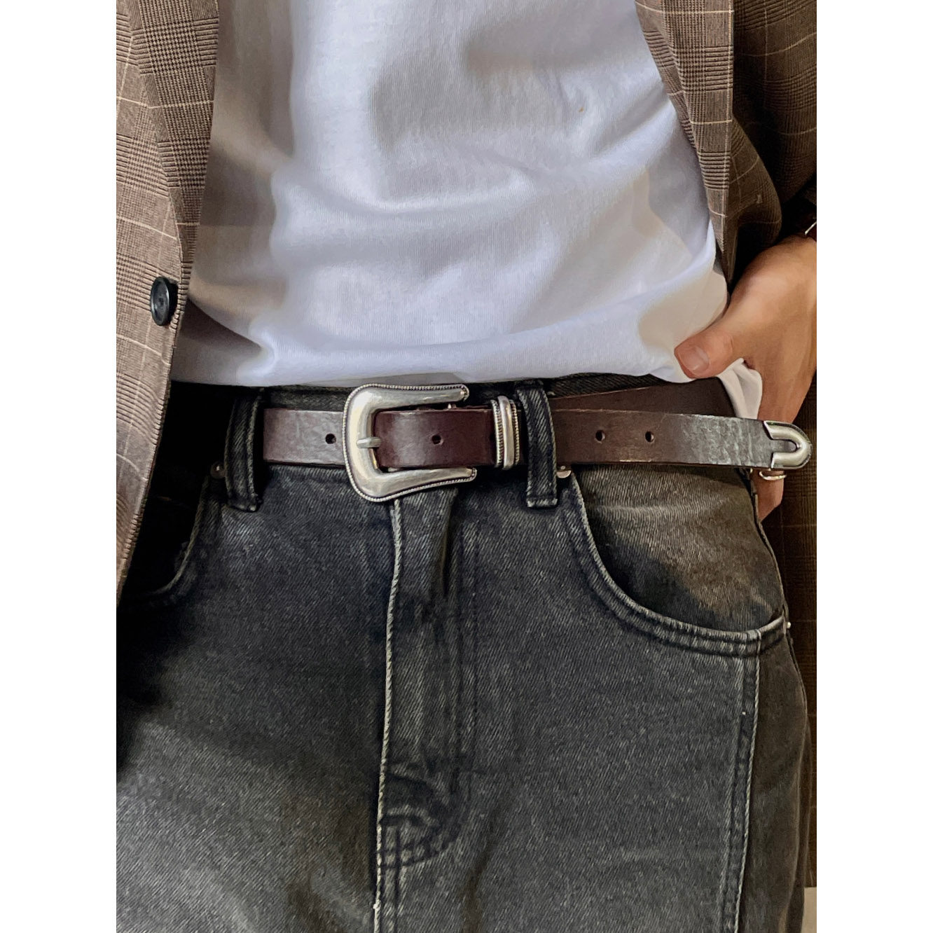 韩国代购东大门时尚个性重工金属卡扣复古西部窄款细腰带男女皮带