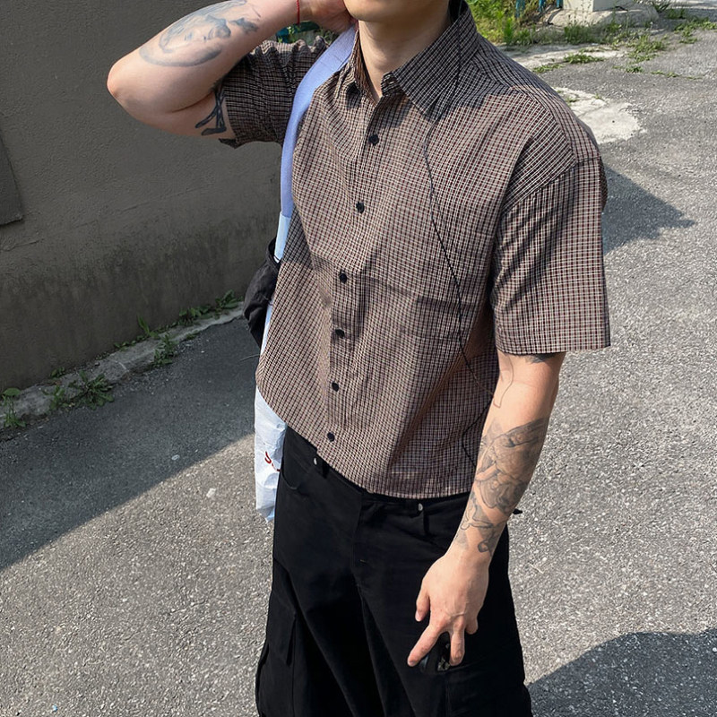 ANAN韩国东大门代购时尚复古痞帅街头潮流vibe小格子短袖衬衫男